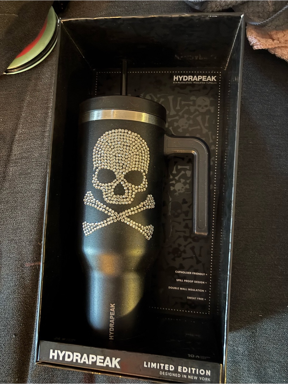 HydraPeak Limited Edition Black Skull Crystal Travel Tumbler